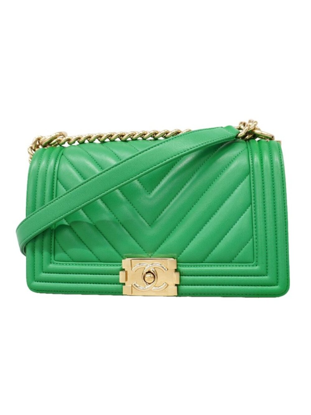 Chanel Shoulder Bag Boy V-stitch Lambskin Green Champagne Gold